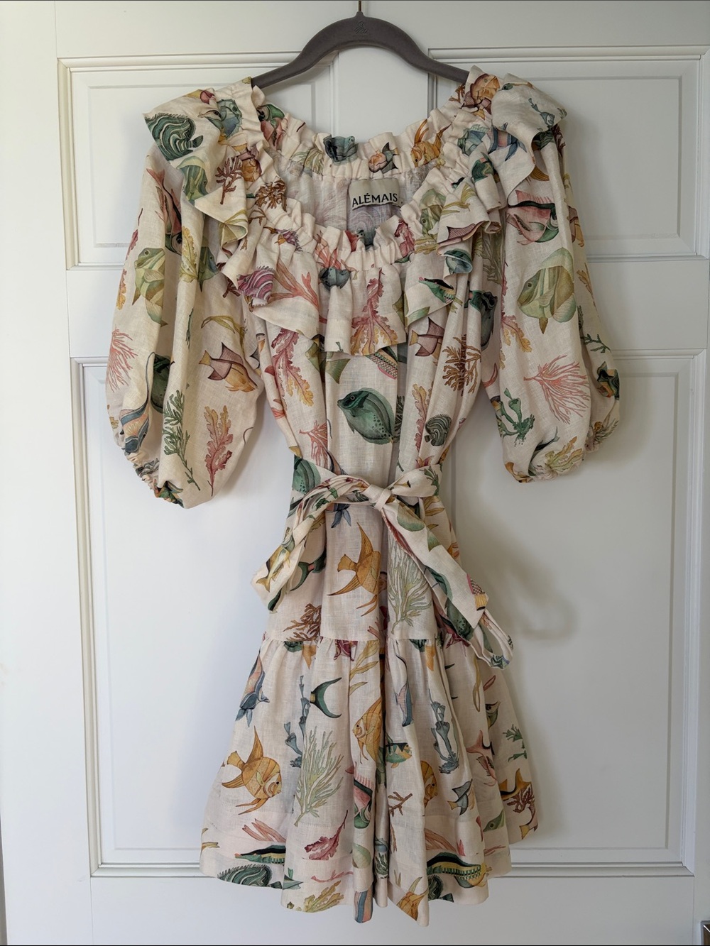 Alemais Cream Mini Dress with Multicolor Sea Life Print